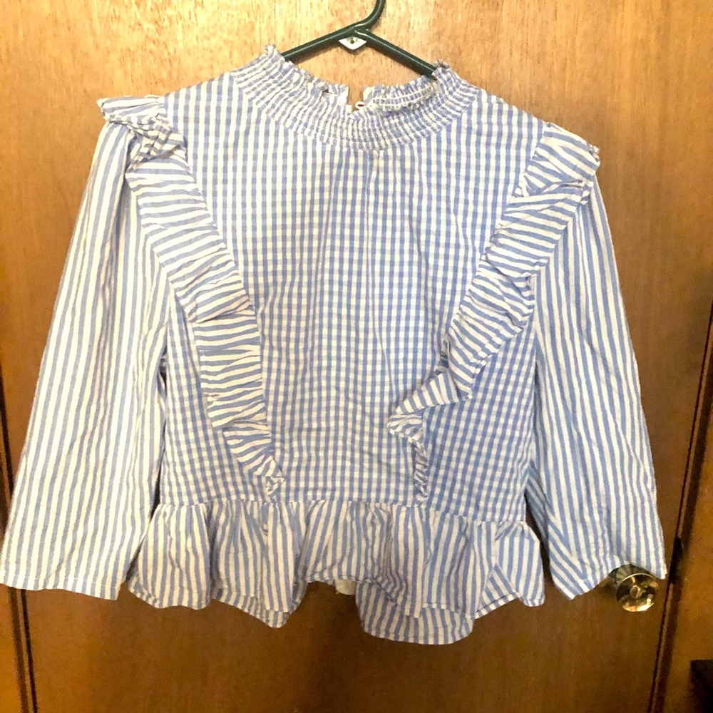 Gingham and stripe ruffled Camelia top with smocked neckline